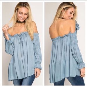 SHE and SKY Off Shoulder Boho Blouse Blue